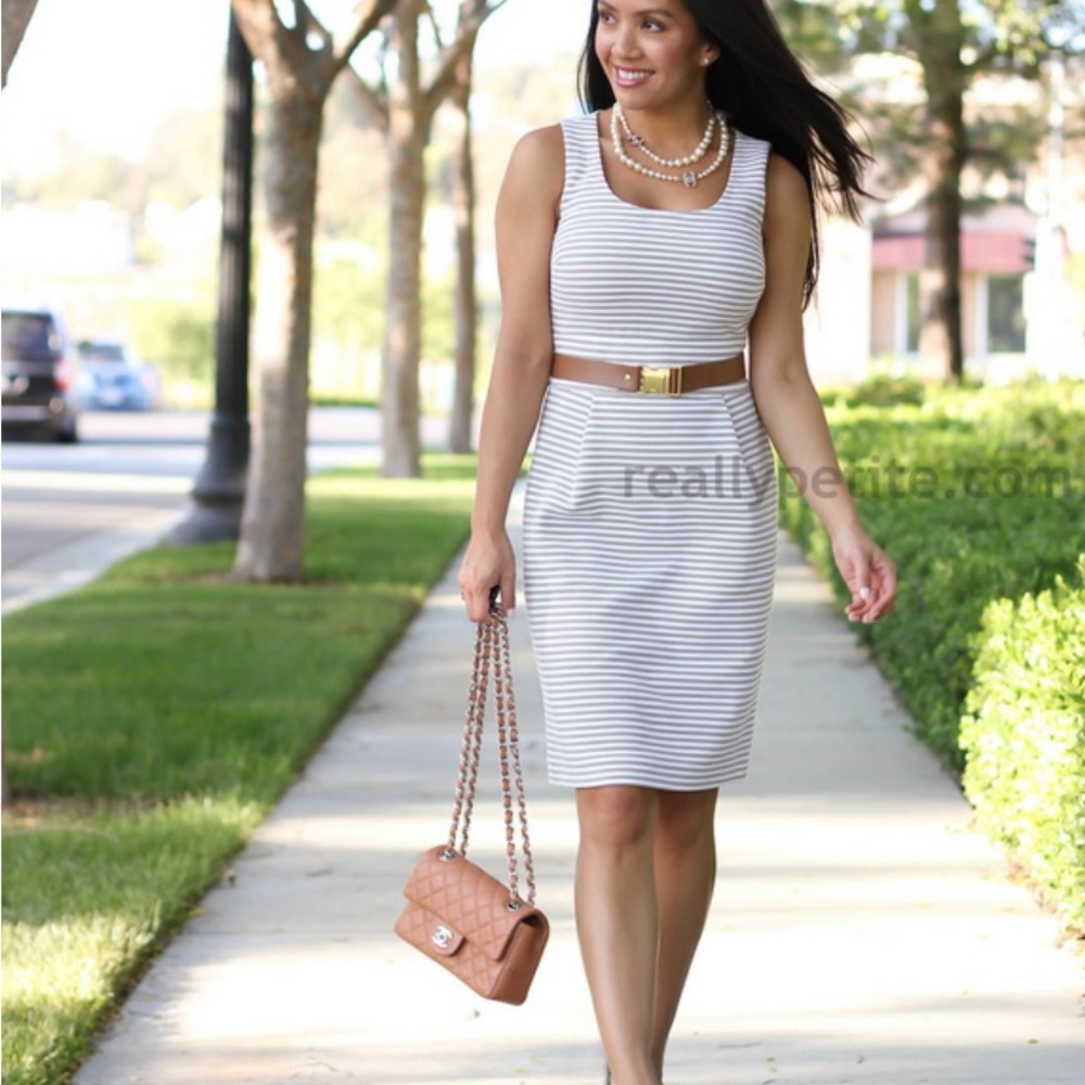 Banana Republic Tan & White Striped Midi Sleeveless Dress. Size 6
